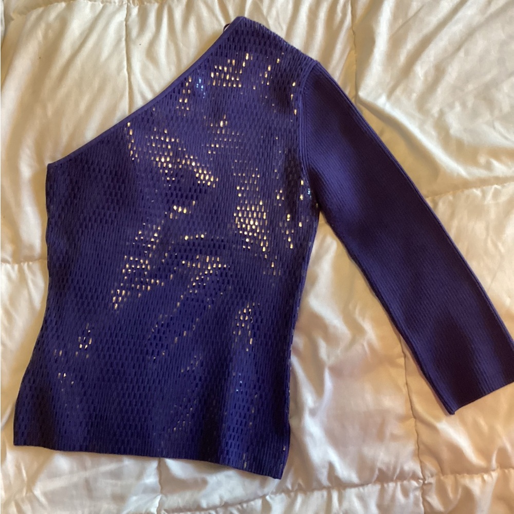 Women’s Cache One Shoulder Silk Shimmer Sweater Purple. Size M
